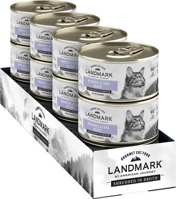 Show full view: American Journey Landmark Mackerel & Tuna Recipe in Broth Grain-Free Canned Cat Food, 3-oz can, case of 12 slide 10 of 12