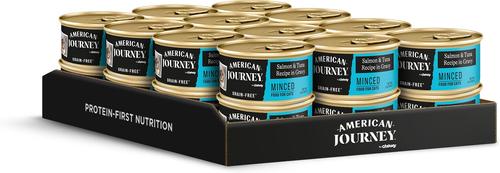 Show full view: American Journey Minced Salmon & Tuna Recipe in Gravy Grain-Free Canned Cat Food, 3-oz can, case of 24 slide 3 of 11