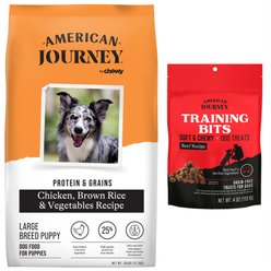 American Journey Protein & Grains Large Breed Puppy Chicken, Brown Rice & Vegetables Recipe Dry Food + Beef Recipe Grain-Free Soft & Chewy Training Bits Dog Treats