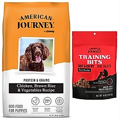 American Journey Protein & Grains Puppy Chicken, Brown Rice & Vegetables Recipe Dog Food, 28-lb bag + American Journey Beef Recipe Grain-Free Soft & Chewy Training Bits Dog Treats, 4-oz bag
