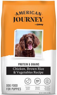 Show full view: American Journey Protein & Grains Puppy Chicken, Brown Rice & Vegetables Recipe Dog Food, 28-lb bag + American Journey Beef Recipe Grain-Free Soft & Chewy Training Bits Dog Treats, 4-oz bag slide 6 of 10