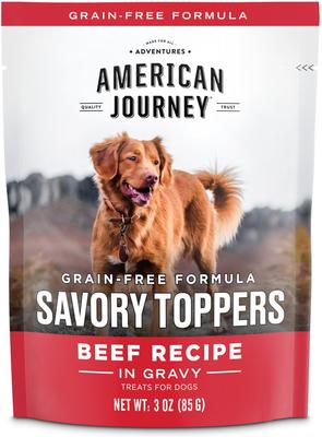 Show full view: American Journey Savory Toppers Beef Recipe in Gravy, 3-oz pouch, case of 24 + Chicken Recipe in Gravy Dog Food Topper, 3-oz pouch, case of 24 slide 2 of 9