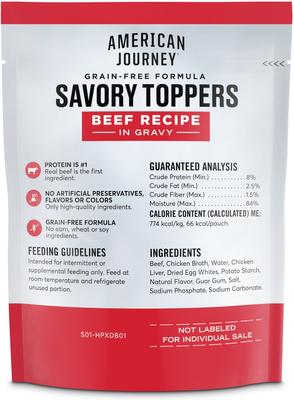 Show full view: American Journey Savory Toppers Beef Recipe in Gravy, 3-oz pouch, case of 24 + Chicken Recipe in Gravy Dog Food Topper, 3-oz pouch, case of 24 slide 3 of 9