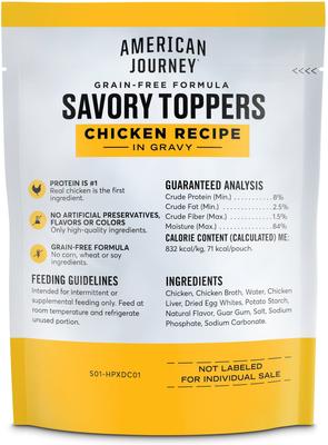 Show full view: American Journey Savory Toppers Beef Recipe in Gravy, 3-oz pouch, case of 24 + Chicken Recipe in Gravy Dog Food Topper, 3-oz pouch, case of 24 slide 7 of 9