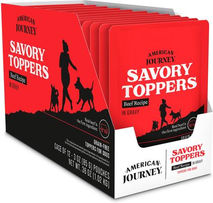 Show full view: American Journey Savory Toppers Beef Recipe in Gravy Grain-Free Dog Food Topper, 3-oz pouches, case of 24 slide 4 of 11