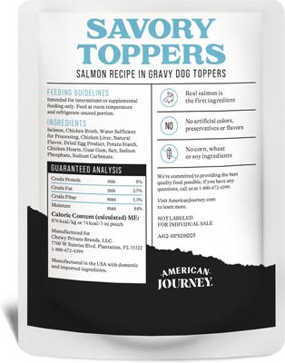 Show full view: American Journey Savory Toppers Salmon Recipe in Gravy Grain-Free Dog Food Topper, 3-oz pouches, case of 24 slide 3 of 11