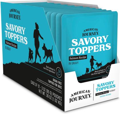 Show full view: American Journey Savory Toppers Salmon Recipe in Gravy Grain-Free Dog Food Topper, 3-oz pouches, case of 24 slide 4 of 11