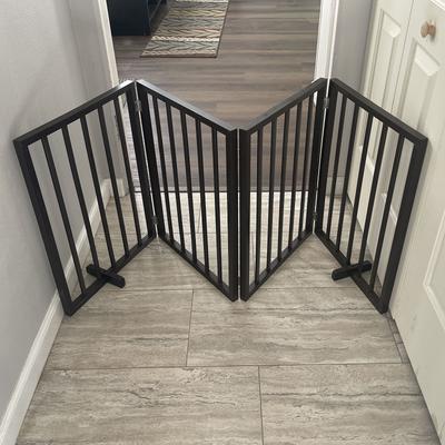 Show full view: AmeriHome Freestanding 4-Panel Folding Wood Dog Gate, Brown slide 2 of 4