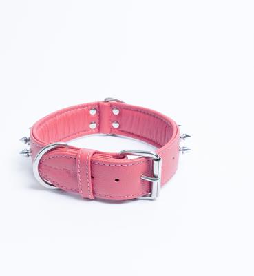 Show full view: Angel Amsterdam Multi-line Spiked Leather Dog Collar, Bubblegum Pink, Large: 16 to 20-in neck, 1.5-in wide slide 4 of 7