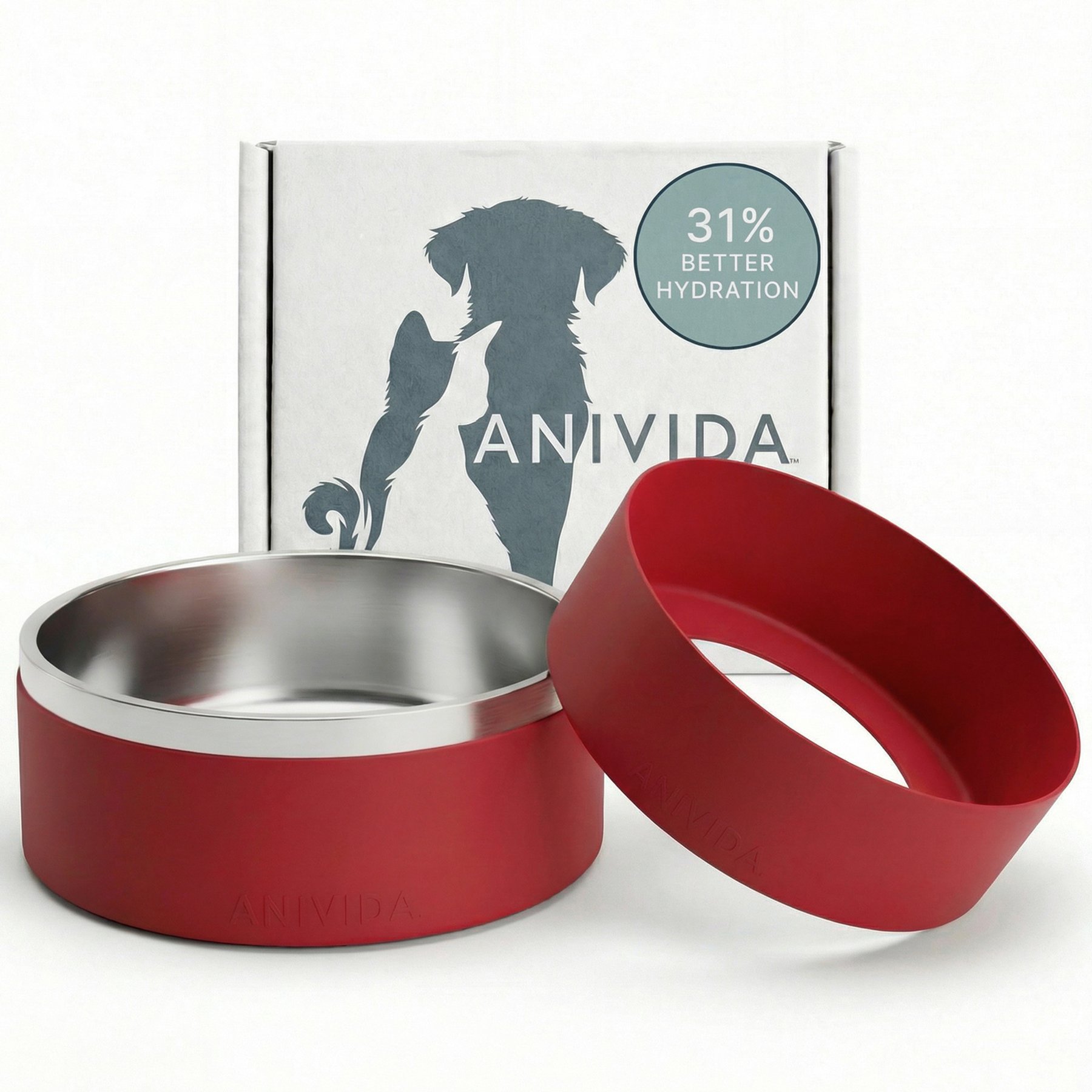 Anivida Non-Skid Stainless Steel Dog Bowl & 2 Beef Scented Sleeve Starter Kit, Red, Medium: 42-oz