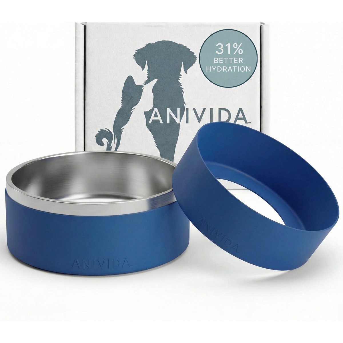 Anivida Non-Skid Stainless Steel Dog Bowl & 2 Peanut Butter Scented Sleeve Starter Kit, Blue, Medium: 42-oz