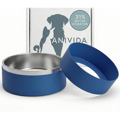Anivida Anivida Non-Skid Stainless Steel Dog Bowl & 2 Peanut Butter Scented Sleeve Starter Kit, Blue, Medium: 42-oz