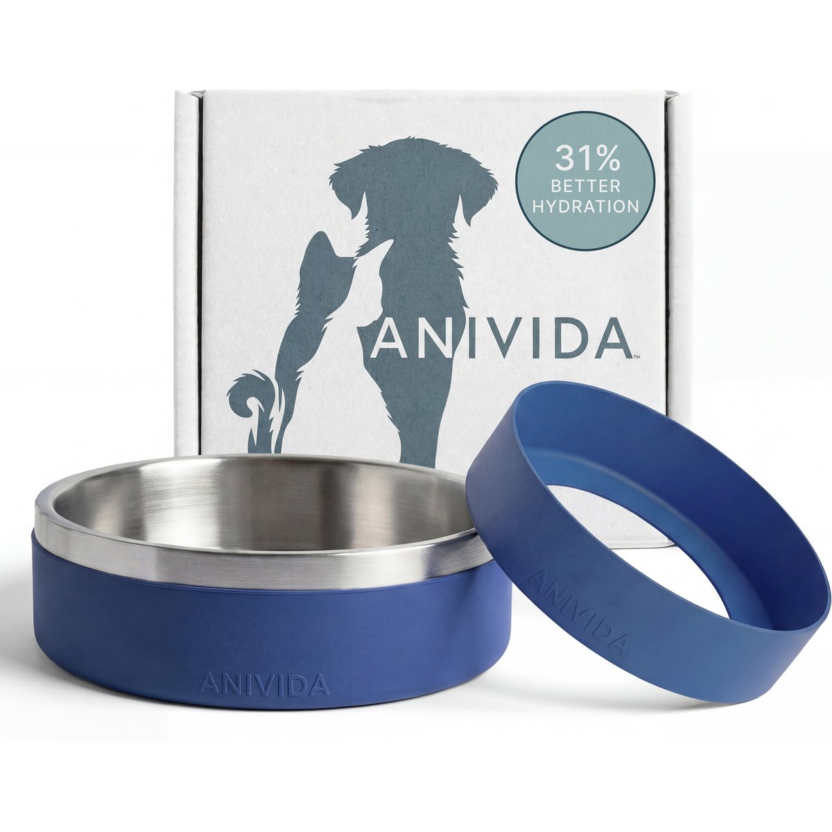 Anivida Non-Skid Stainless Steel Dog Bowl & 2 Peanut Butter Scented Sleeve Starter Kit, Blue, Small: 18-oz