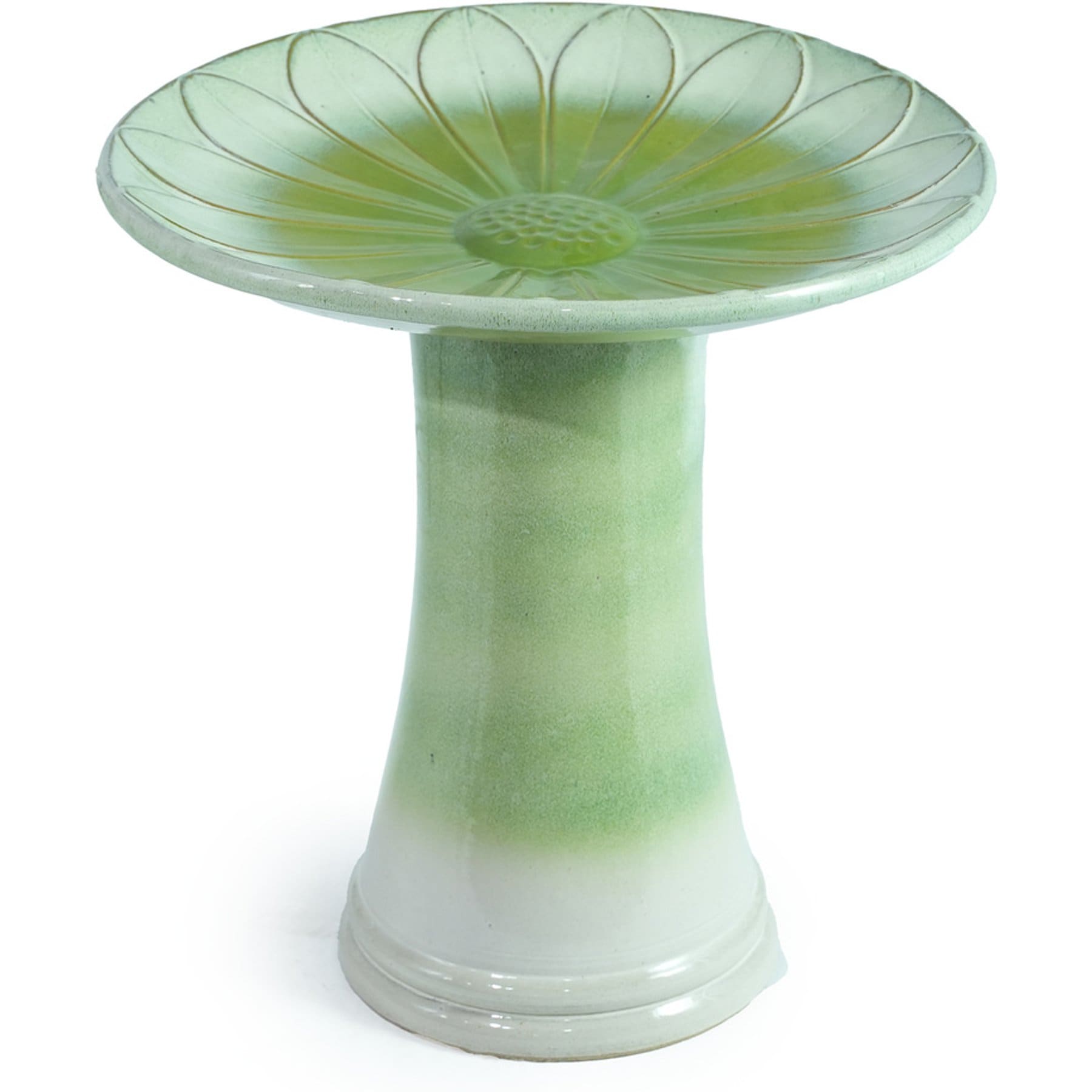 AOSTIRMOTOR Embossed Daisy Tray Glazed Handmade Ceramic Bird Bath, 17-in, Off-White-to-Sage Ombre