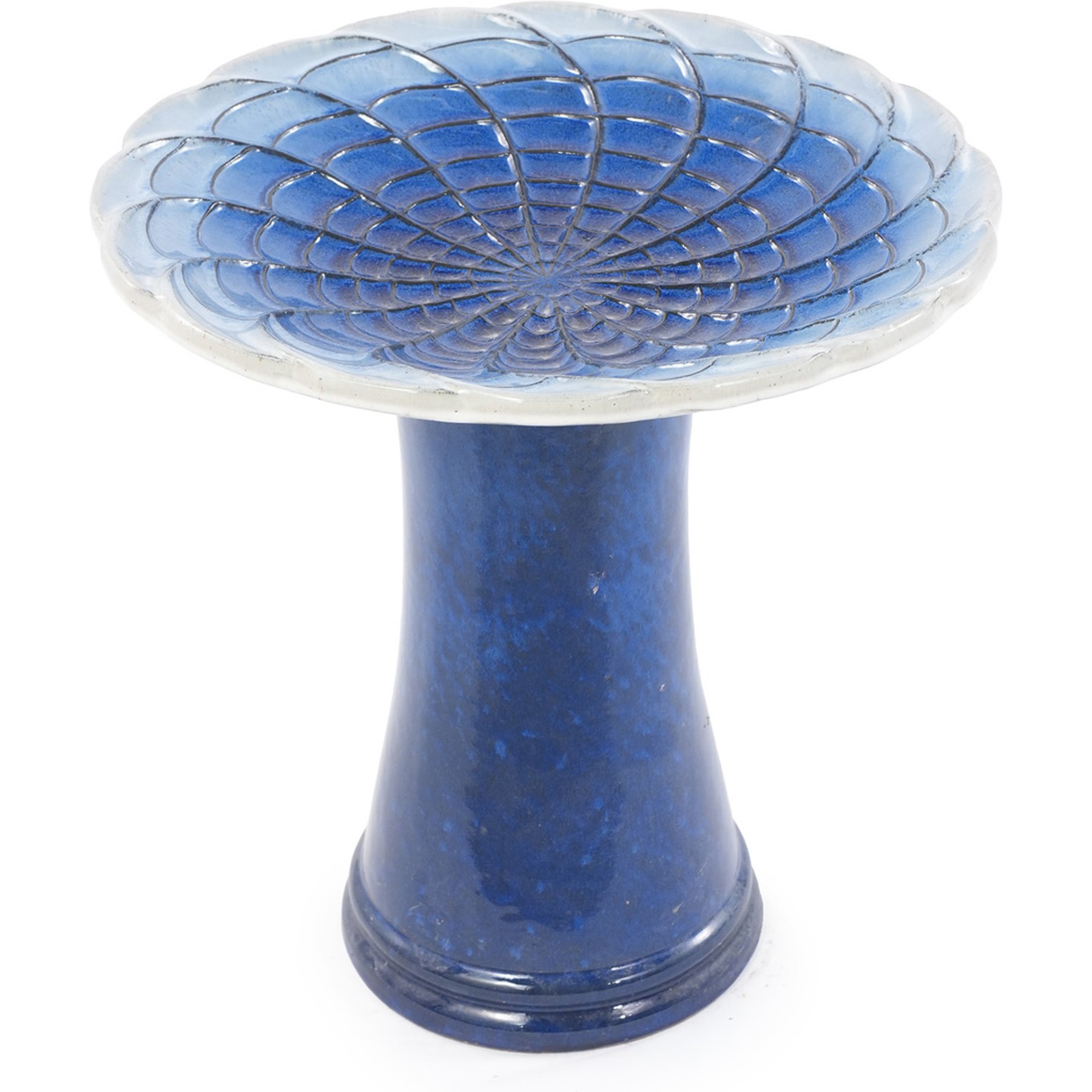 AOSTIRMOTOR Embossed Lotus Tray Glazed Handmade Ceramic Bird Bath, Deep-Blue-to-Pale Ombre, 17-in