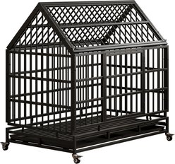 AOSTIRMOTOR Heavy Duty Pointed Roof Removable Tray & Wheel Escape Proof Dog Crate, Black, 48-in