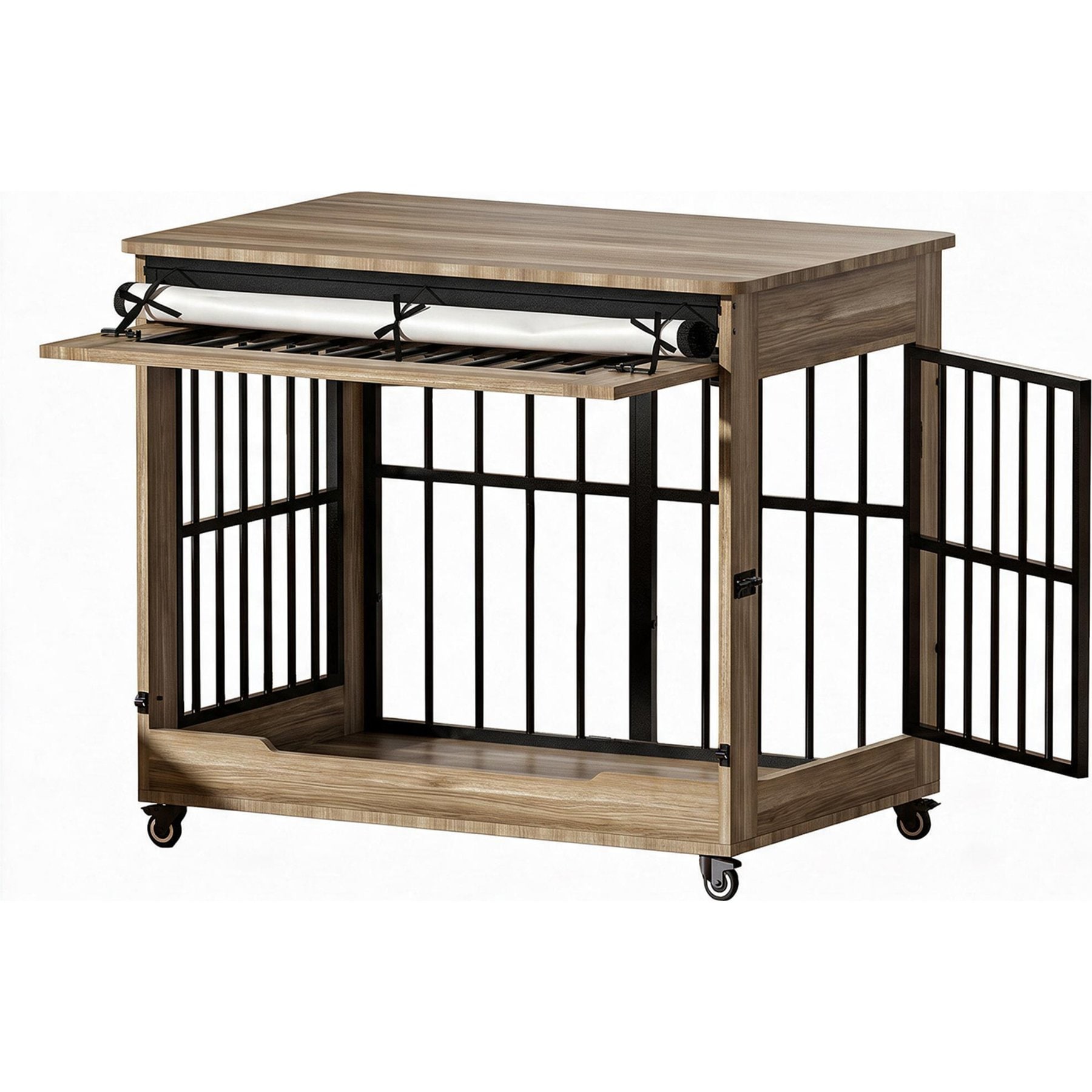 AOSTIRMOTOR Indoor Wooden Double Door Dog Crate with Wheels & End Table, Greige, Medium: 38.6-in