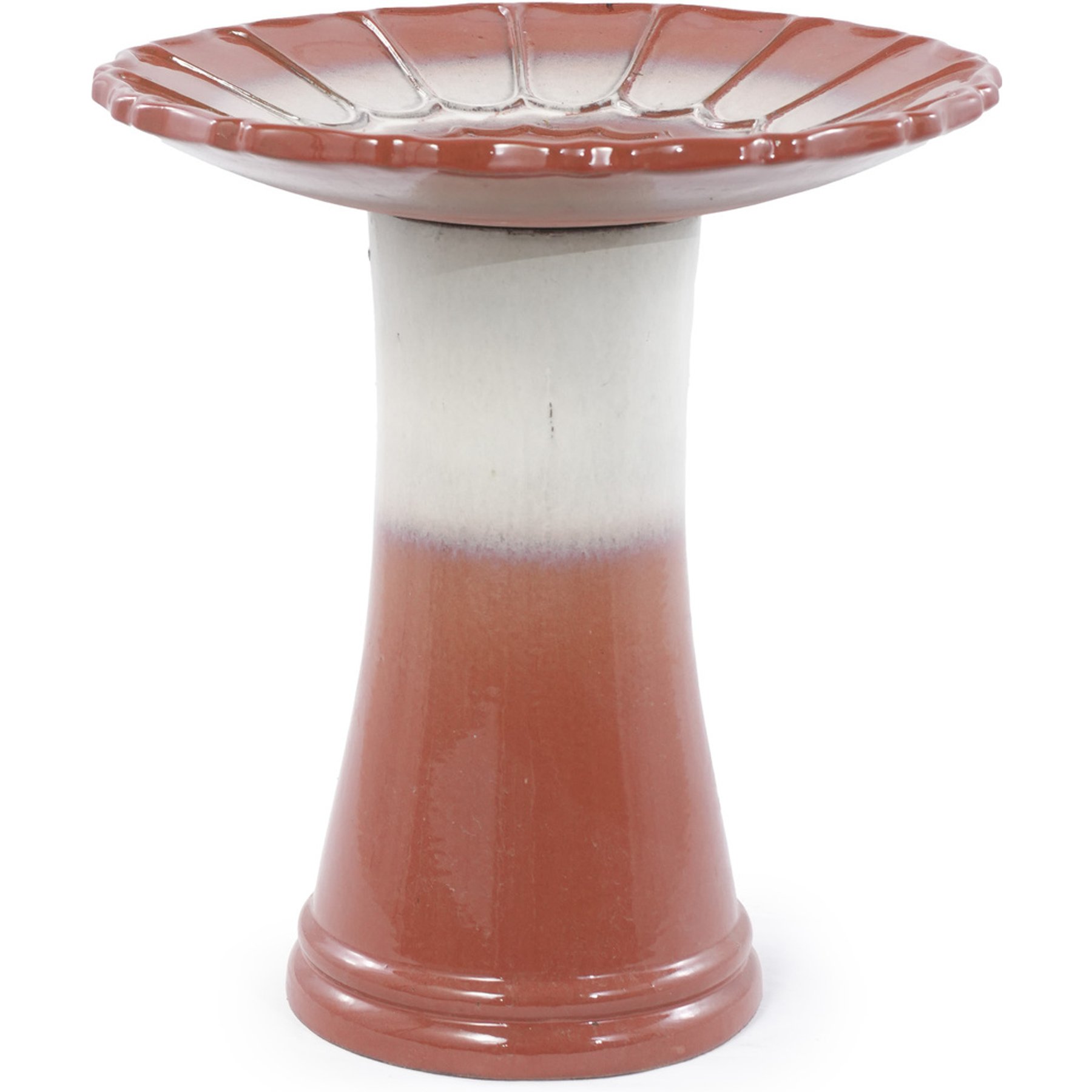 AOSTIRMOTOR Scalloped Tray Glazed Handmade Ceramic Bird Bath, Rust-to-Off-White Ombre, 17-in