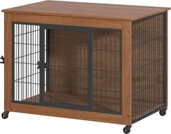 AOSTIRMOTOR Two Doors Indoor Furniture Wheel Heavy Duty Escape Proof Dog Crate, Brown, 38.6-in