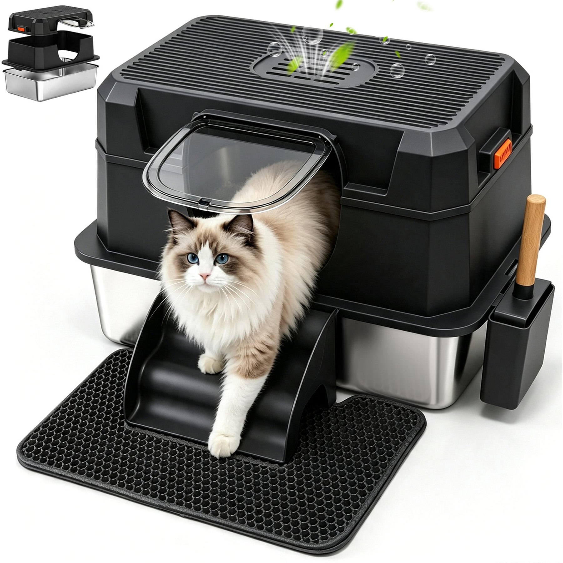 Aphyxen 3-in-1 Removable Stainless Steel Lid Enclosed Metal Indoor Carbon Odor Control Covered Cat Litter Box, X-Large: 23.7 x 15.6 x 15.7-in, Black