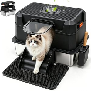Aphyxen 3-in-1 Removable Stainless Steel Lid Enclosed Metal Indoor Carbon Odor Control Covered Cat Litter Box, X-Large: 23.7 x 15.6 x 15.7-in, Black