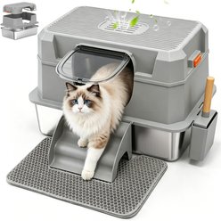 Aphyxen 3-in-1 Removable Stainless Steel Lid Enclosed Metal Indoor Carbon Odor Control Covered Cat Litter Box, X-Large: 23.7 x 15.6 x 15.7-in, Grey