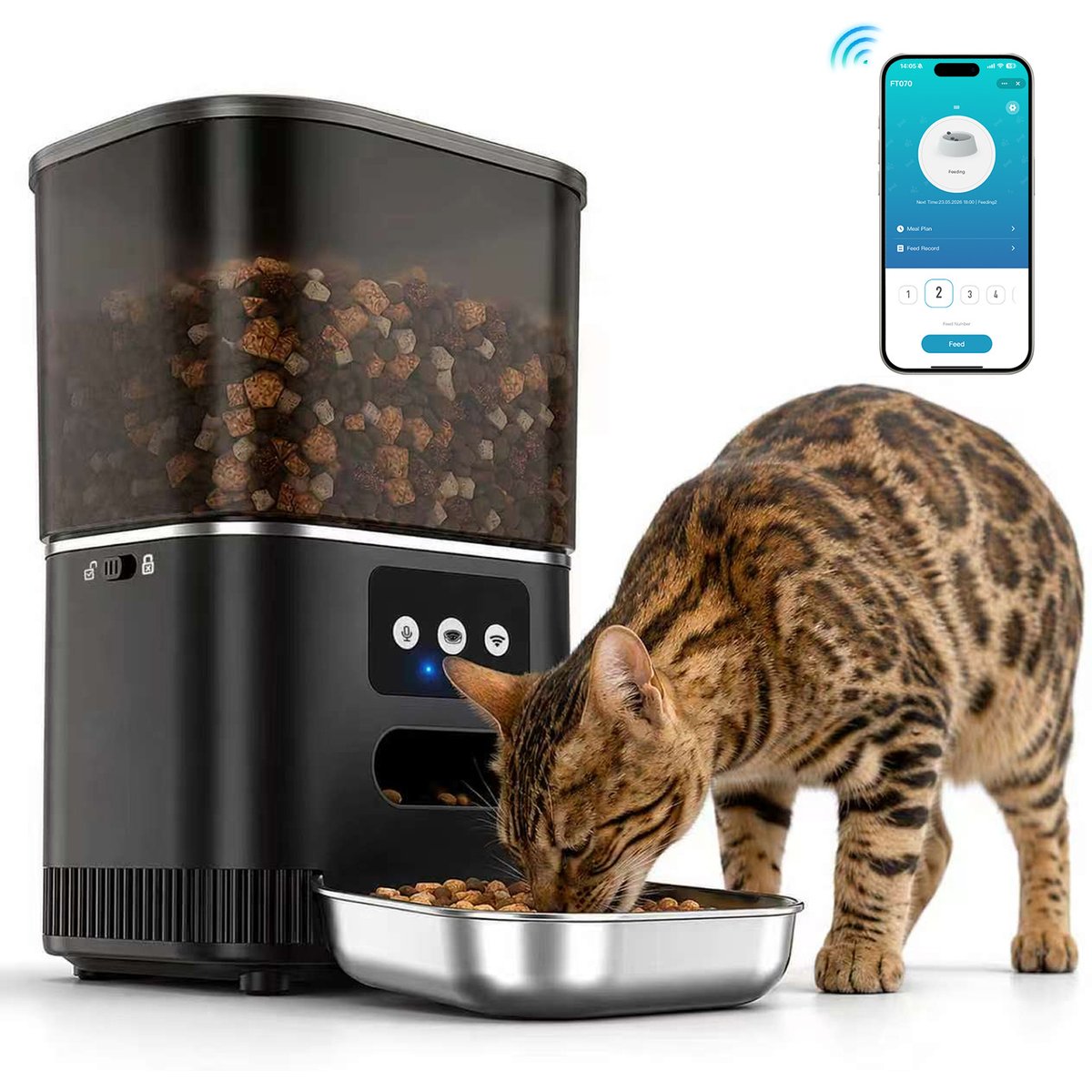 Aphyxen WiFi APP Control Smart Automatic Plastic Cat Feeder with Stainless Steel Bowl, Black, 4L