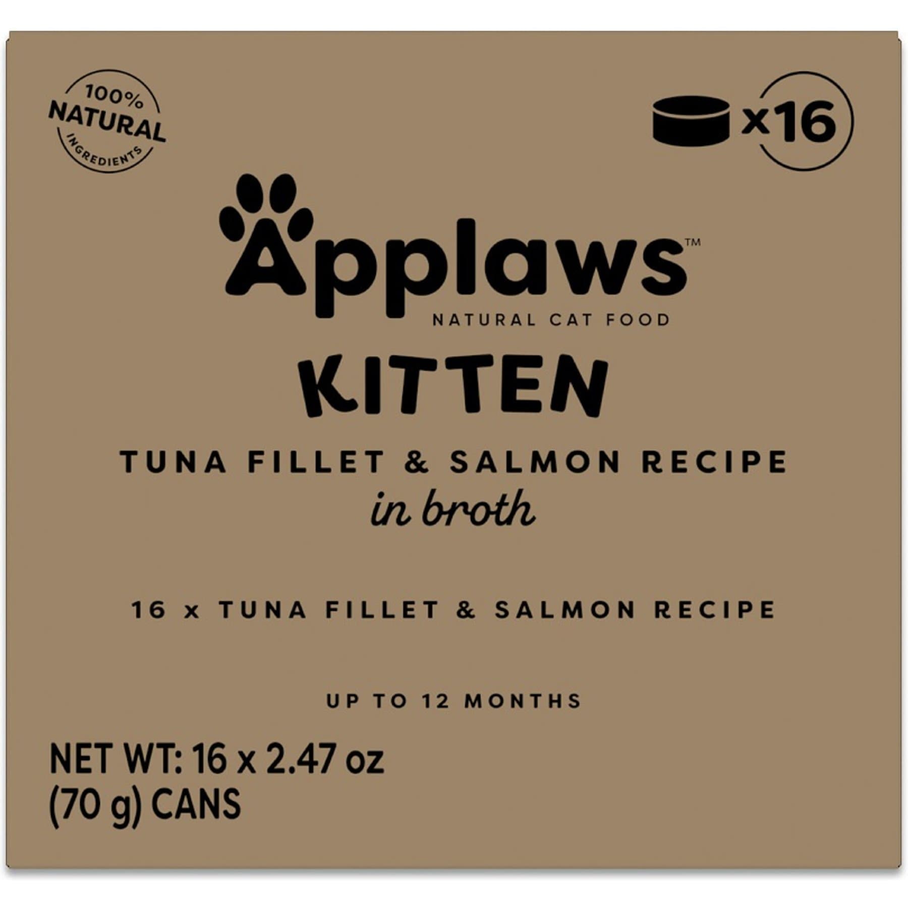 Applaws Kitten Tuna Fillet & Salmon Recipe in Broth Multipack Wet Cat Food, 2.47-oz can, case of 16