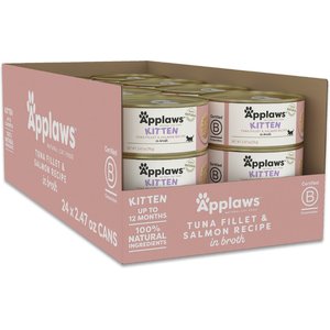 Applaws Limited Ingredient Tuna Fillet with Salmon Recipe in Broth for Kittens Wet Cat Food, 2.47-oz can, case of 24