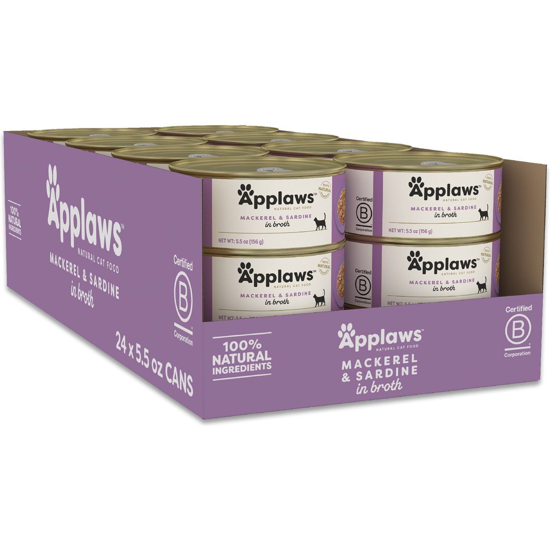 Applaws Mackerel & Sardine in Broth Wet Cat Food, 5.5-oz can, case of 24