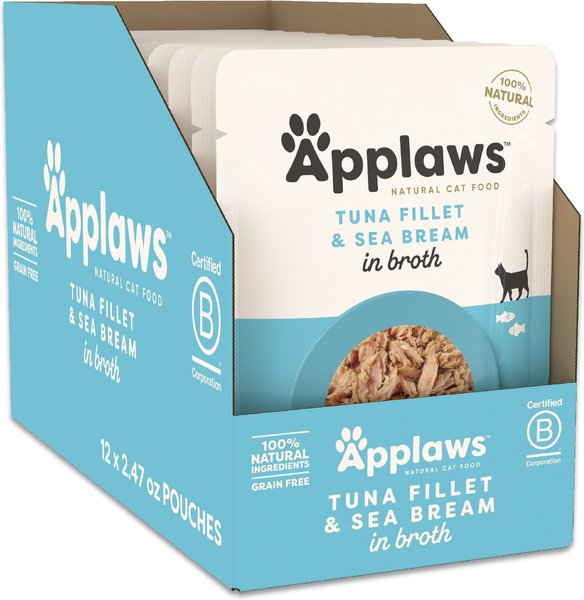 Applaws Natural Tuna Fillet with Sea Bream in Broth Wet Cat Food, 2.47-oz pouch, case of 12