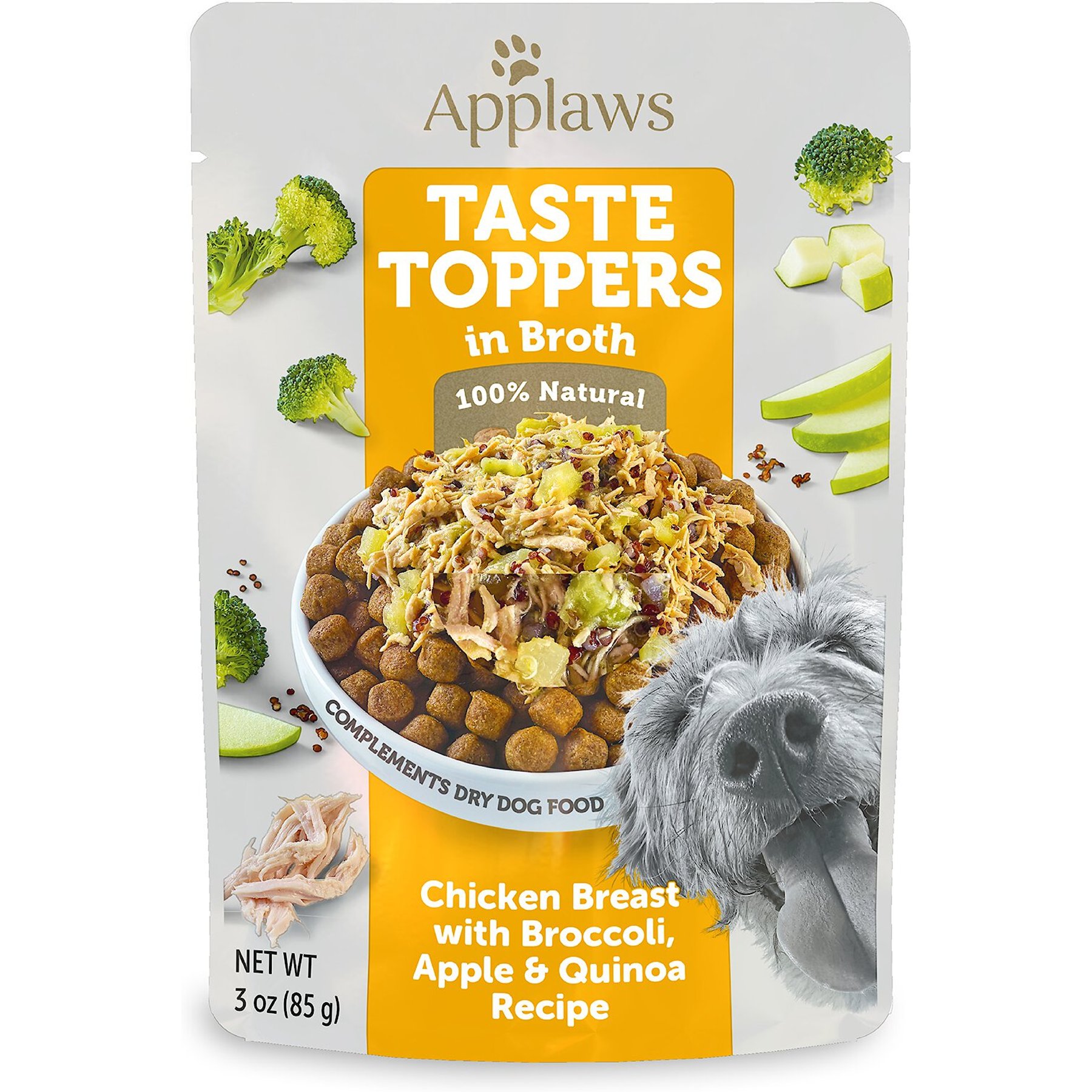 Applaws Taste Toppers Chicken, Broccoli, Apple & Quinoa in Broth Wet Dog Food Topper, 3-oz pouch, case of 12