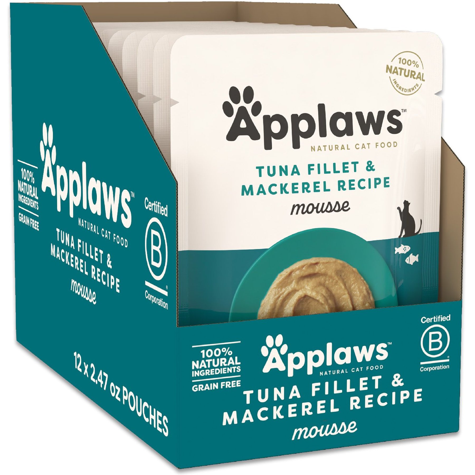 Applaws Tuna Fillet & Mackerel Mousse Wet Cat Food, 2.47-oz pouch, case of 12