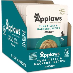 Applaws Tuna Fillet & Mackerel Mousse Wet Cat Food, 2.47-oz pouch, case of 12