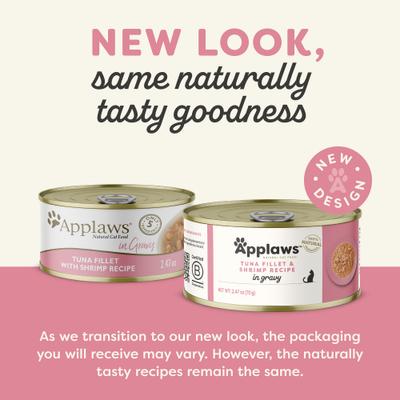 Show full view: Applaws Tuna & Shrimp in Gravy Limited Ingredient Canned Wet Cat Food, 2.47-oz can, case of 24 slide 3 of 10