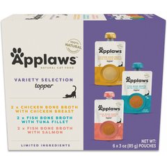 Applaws Variety Pack Bone Broth Selection Cat Food Topper, 3-oz pouch, case of 6
