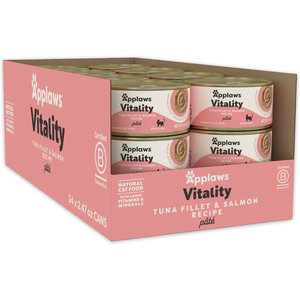 Applaws Vitality Tuna Fillet & Salmon Recipe Pate Grain-Free Wet Cat Food, 2.47-oz can, case of 24
