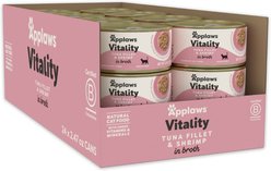 Applaws Vitality Tuna Fillet & Shrimp In Broth Grain-Free Wet Cat Food, 2.47-oz can, case of 24