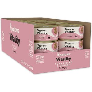 Applaws Vitality Tuna Fillet & Shrimp In Broth Grain-Free Wet Cat Food, 2.47-oz can, case of 24