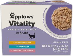 Applaws Vitality Tuna Variety Pack Broth Selection Grain-Free Wet Cat Food, 2.47-oz can, case of 12
