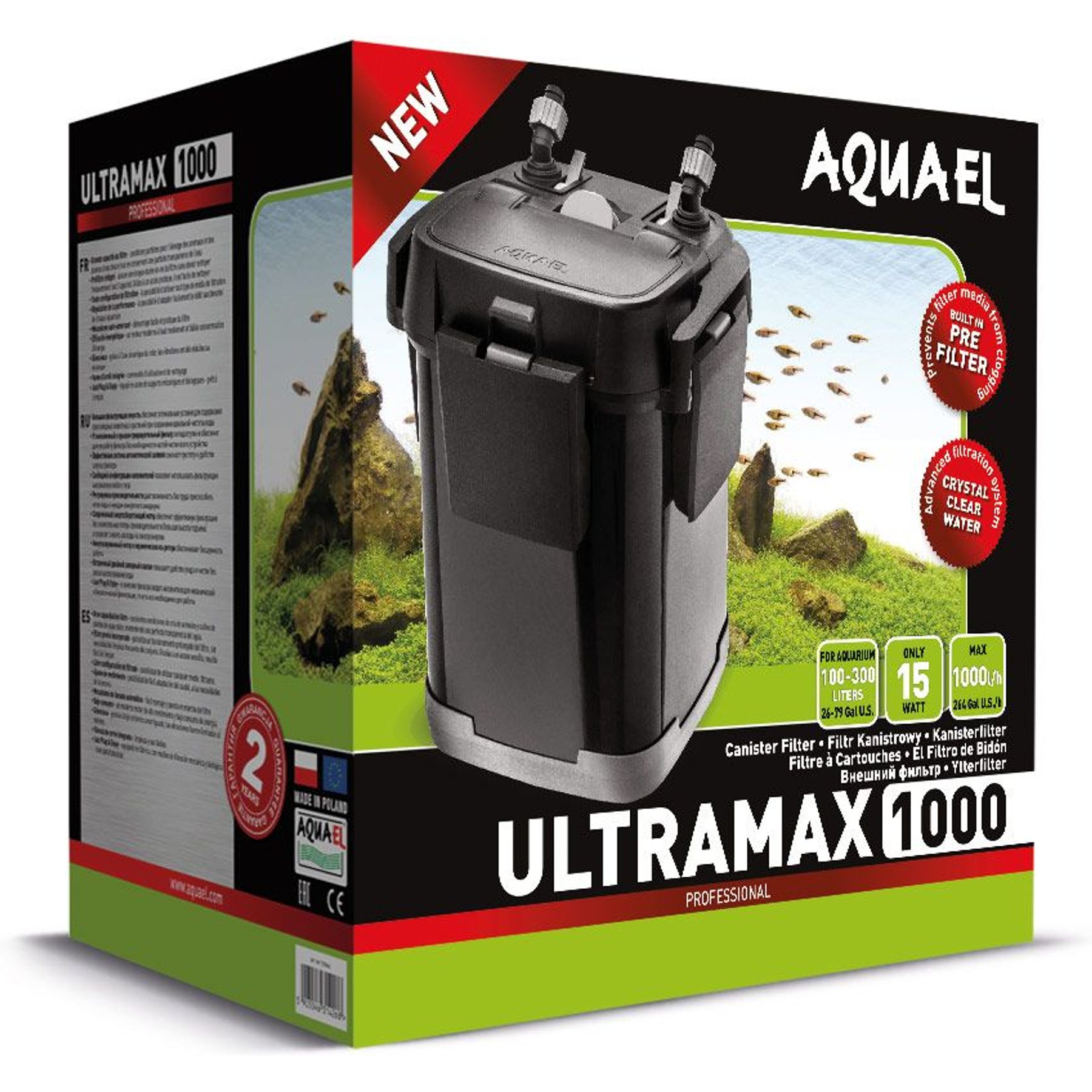 Aquael Ultramax 1000 Canister Aquarium Filter for Freshwater & Saltwater Tanks, Up to 80-gal