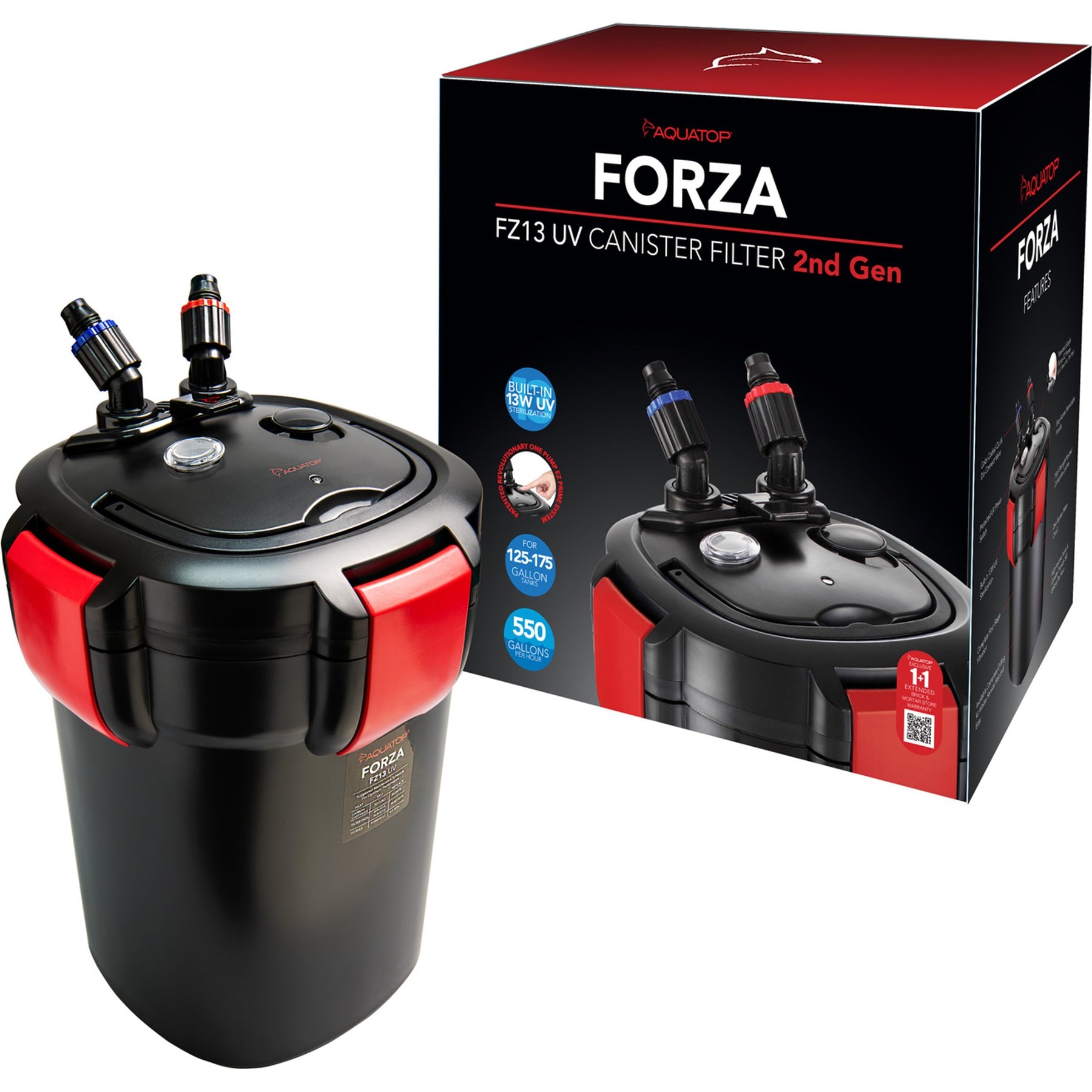 Aquatop 550 GPH Forza UV Canister Filter, Red/Black