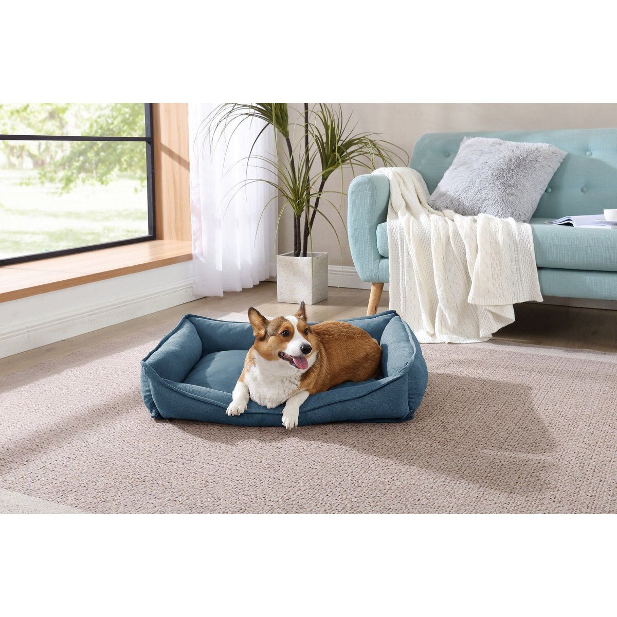 Arlee Home & Pet Cresent Lounger Orthopedic Eco-Friendly Memory Foam Bolster Dog & Cat Bed, Blue, 34 x 27 x 9-in