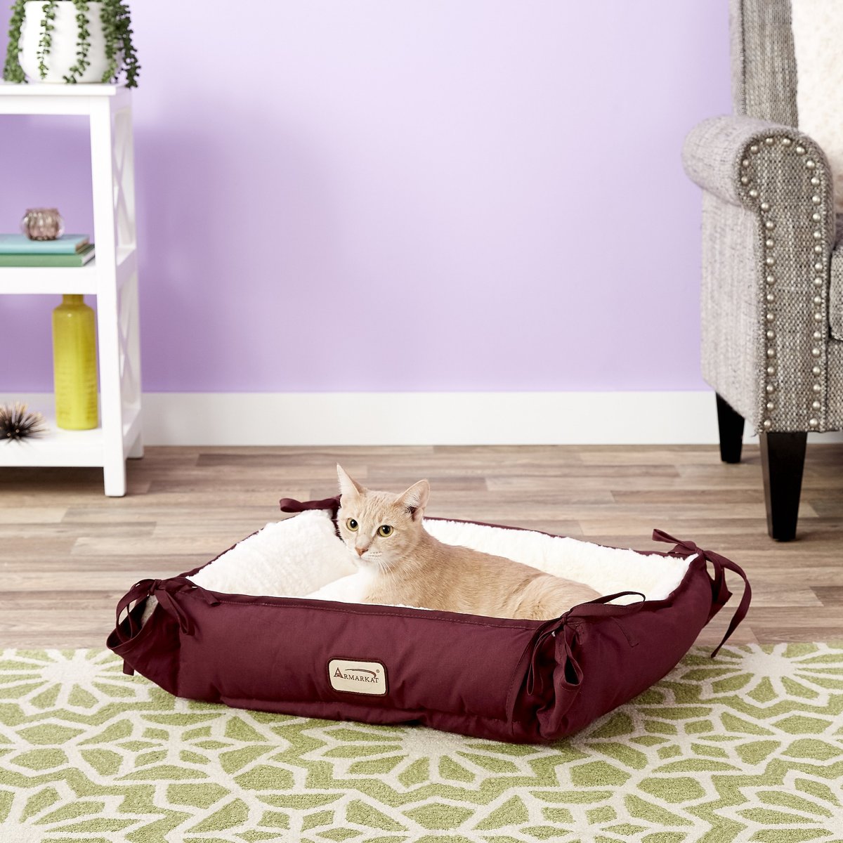 Armarkat Bolster Cat & Dog Bed, Burgundy/Ivory