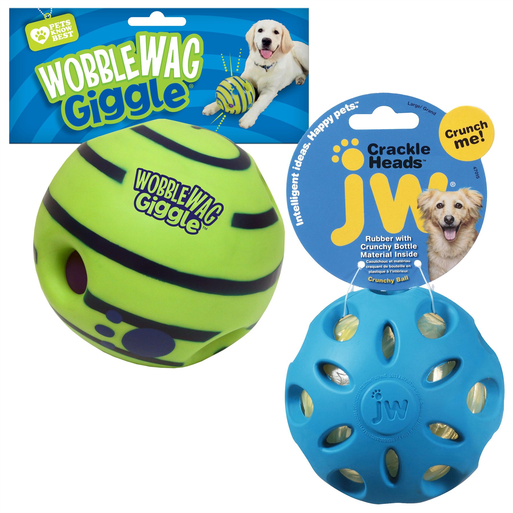 Pets Know Best Wobble Wag Giggle Ball + JW Pet Crackle Heads Ball Dog Toy