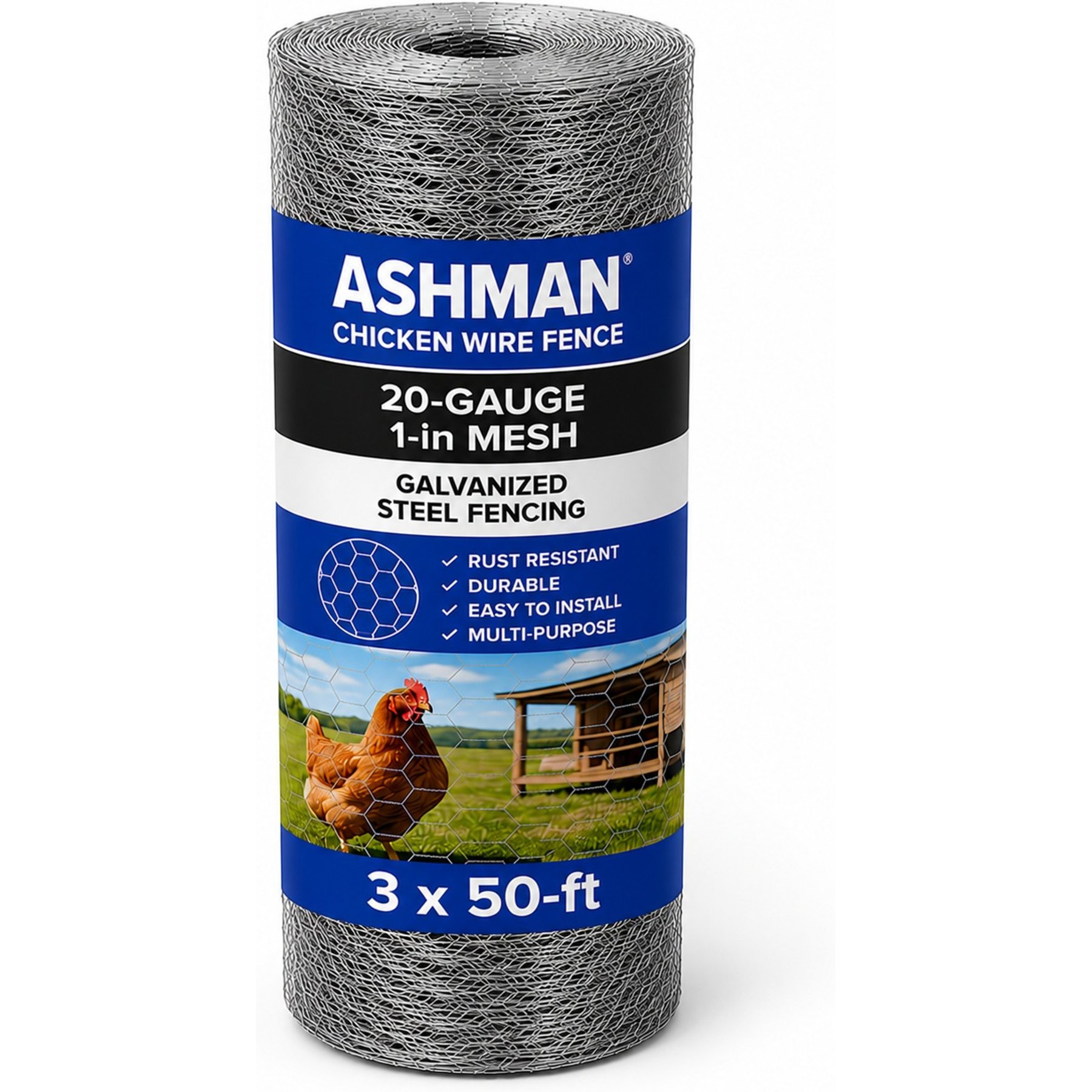 Ashman Chicken Wire Fence 20-Gauge 1-in Mesh Galvanized Steel Fencing, 3 x 50-ft