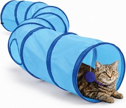 ASPCA Interactive Collapsible Crinkle Play Tunnel with Hanging Rattle Cat Toy, Blue