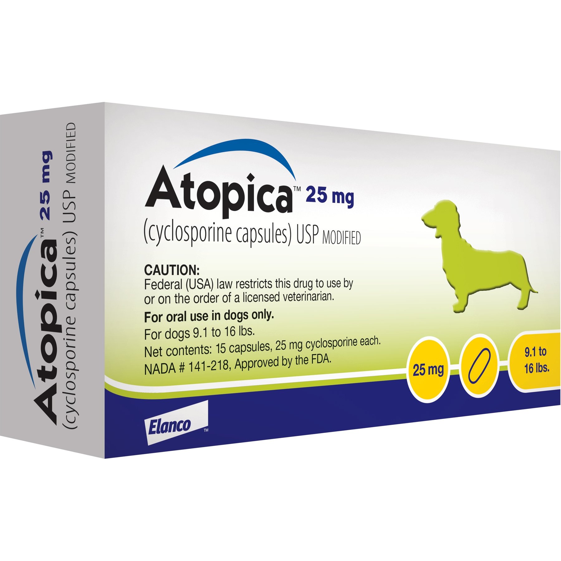 Atopica (Cyclosporine Modified) Capsules for Dogs, 25-mg (9.1-16 lbs), 60 capsules