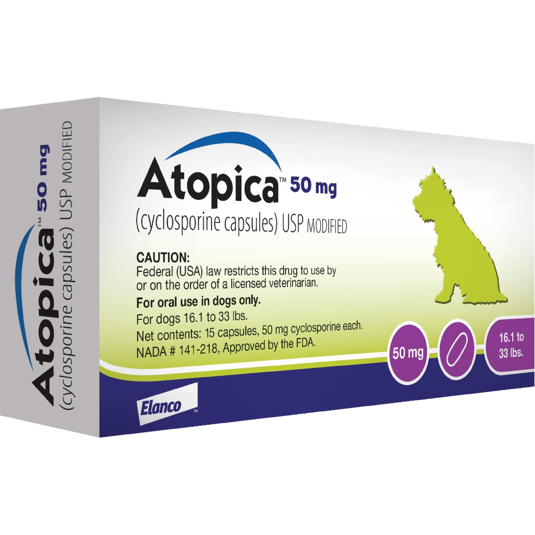 Atopica (Cyclosporine Modified) Capsules for Dogs, 50-mg (16.1-33 lbs), 60 capsules