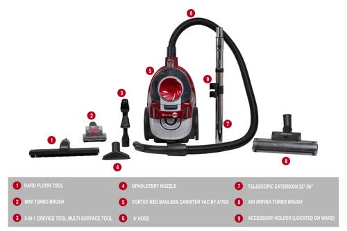 Show full view: Atrix Vortex Red Bagless HEPA Canister Vacuum slide 3 of 9
